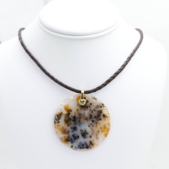 Dendritic Moss Agate stone Necklace Natural Stone Pendant 14K Yellow Gold & Leat - Picture 8 of 13